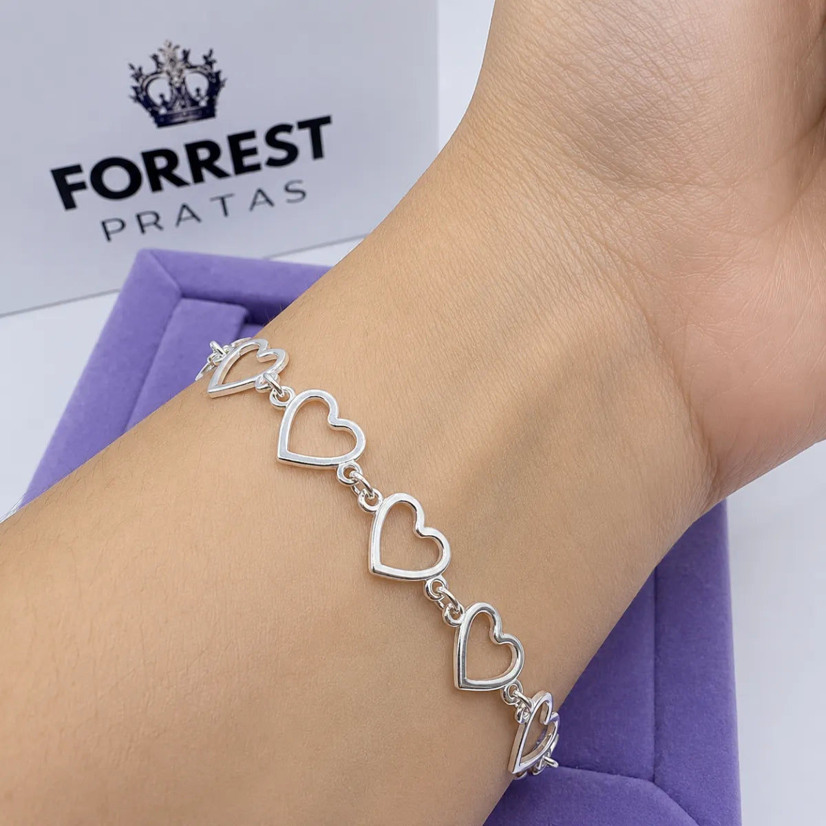 Pulseira Feminina Corações Vazado Prata 925 Legítima