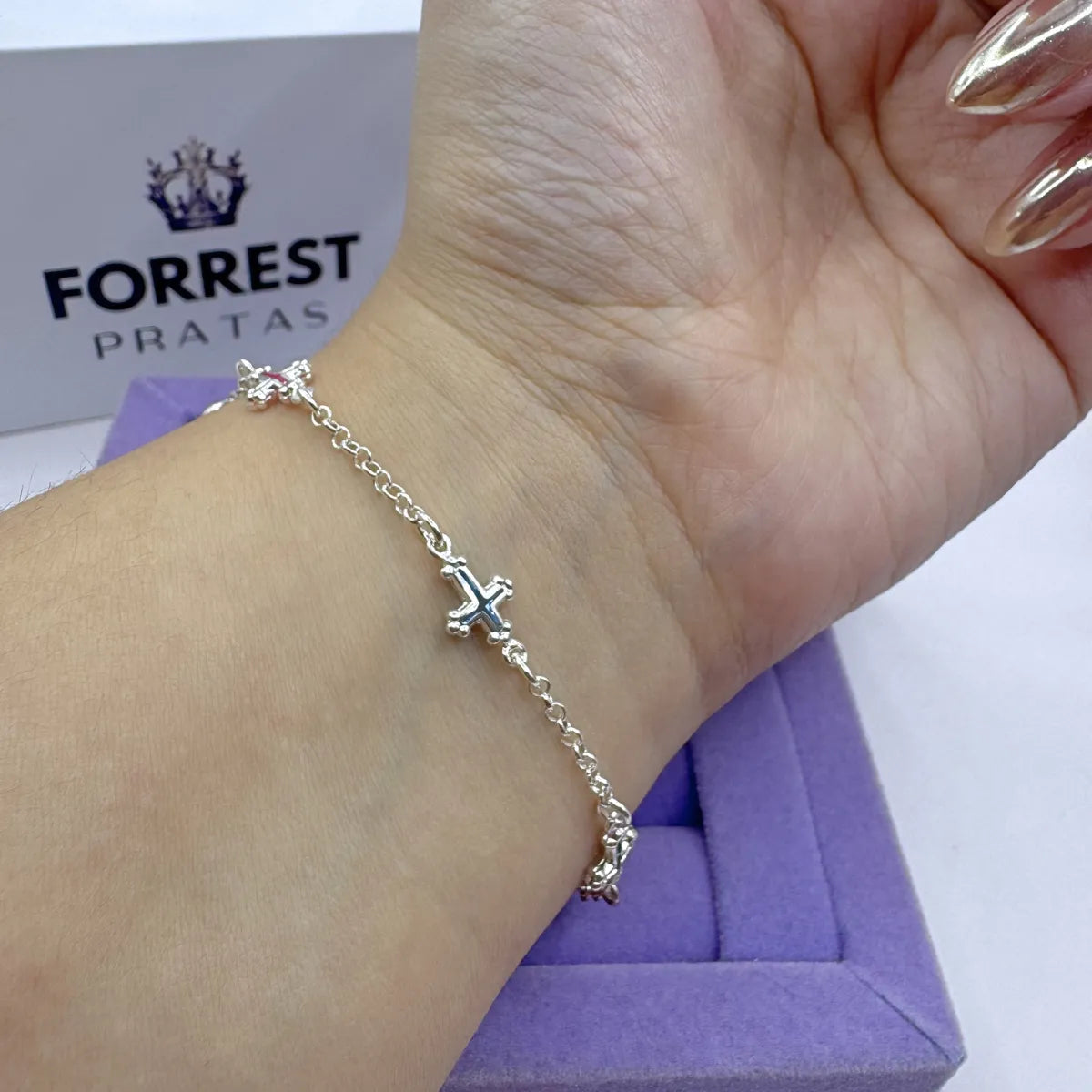 Pulseira 5 Cruz Coloridas Prata 925 Legítima