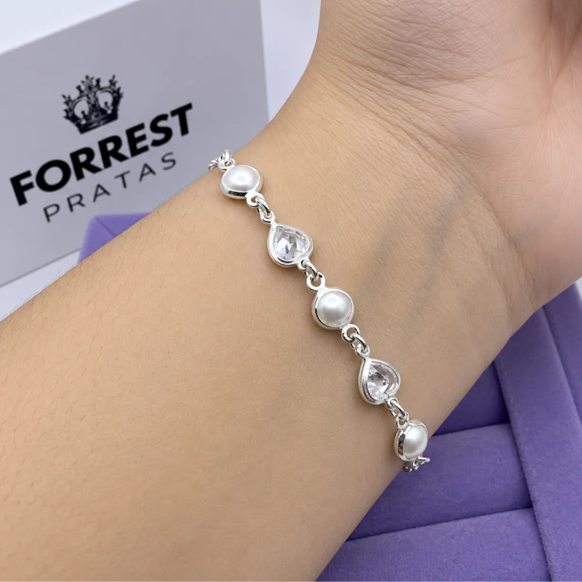 Pulseira Feminina Coração Zircônia e Pérolas Prata 925 Legítima