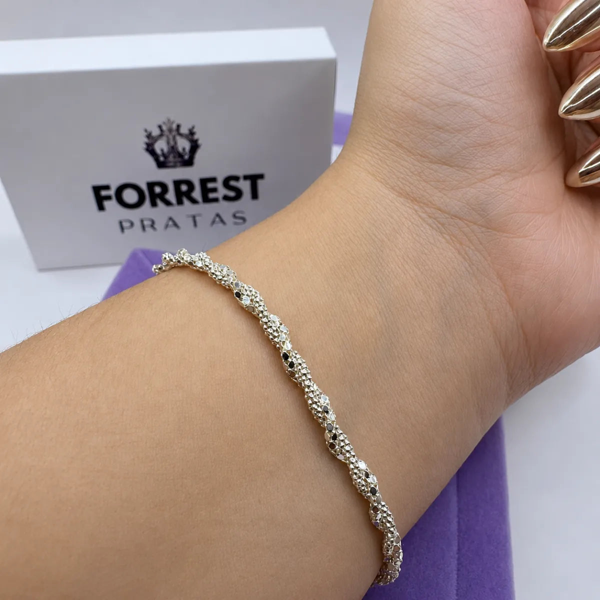 Pulseira Feminina Cordão Pipoca 18cm Prata 925 Legítima