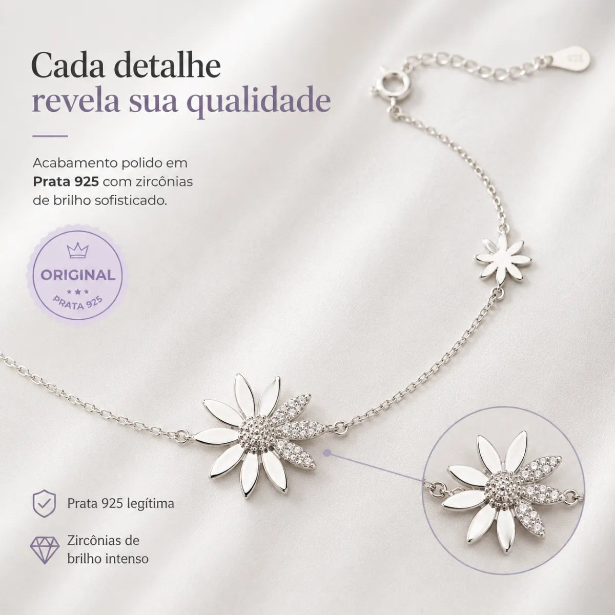 Pulseira Feminina 2 Margaridas Cravejada Zircônia Prata 925 Legítima