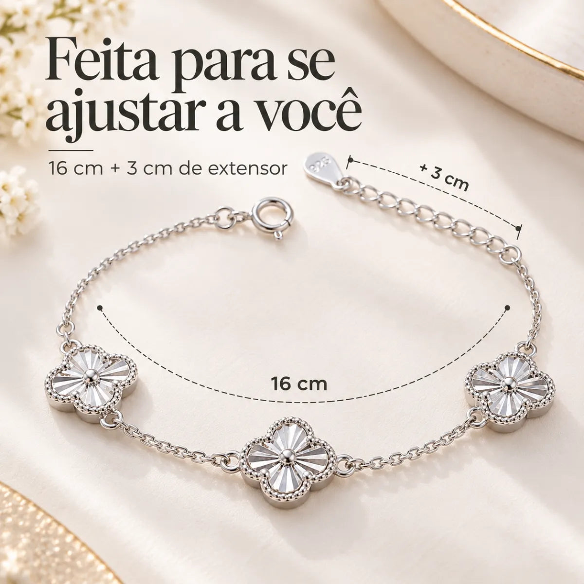 Pulseira Feminina 3 Trevos Prata 925 Legítima
