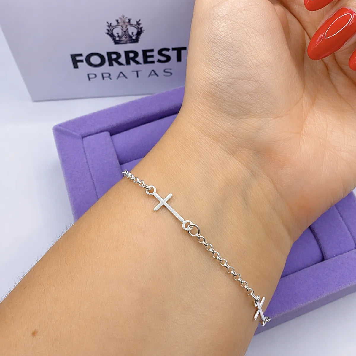 Pulseira Feminina Trio de Cruz Prata 925 Legítima