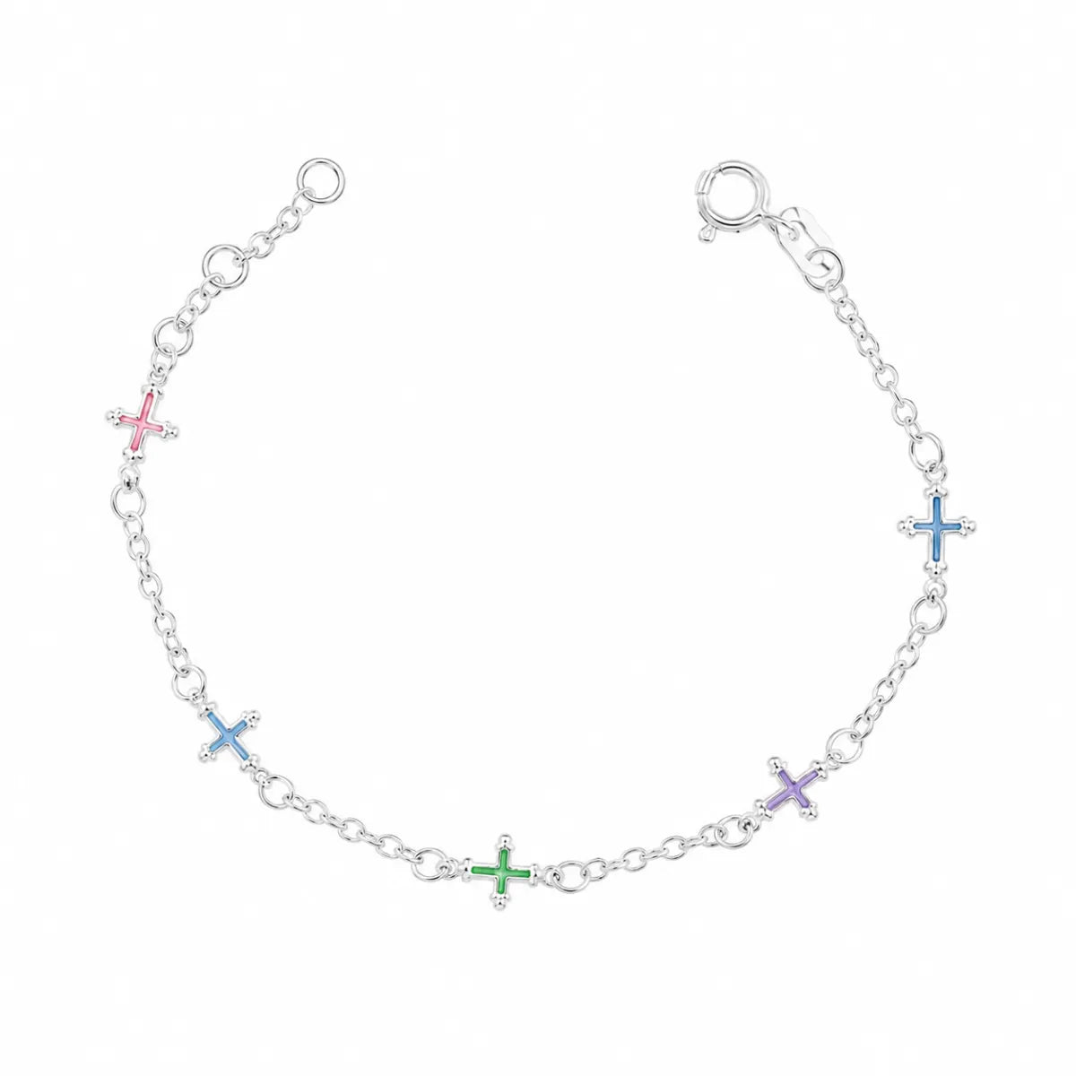 Pulseira 5 Cruz Coloridas Prata 925 Legítima