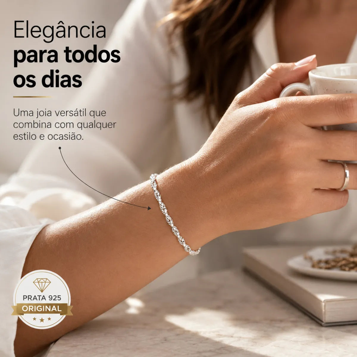 Pulseira Feminina Cordão Pipoca 18cm Prata 925 Legítima