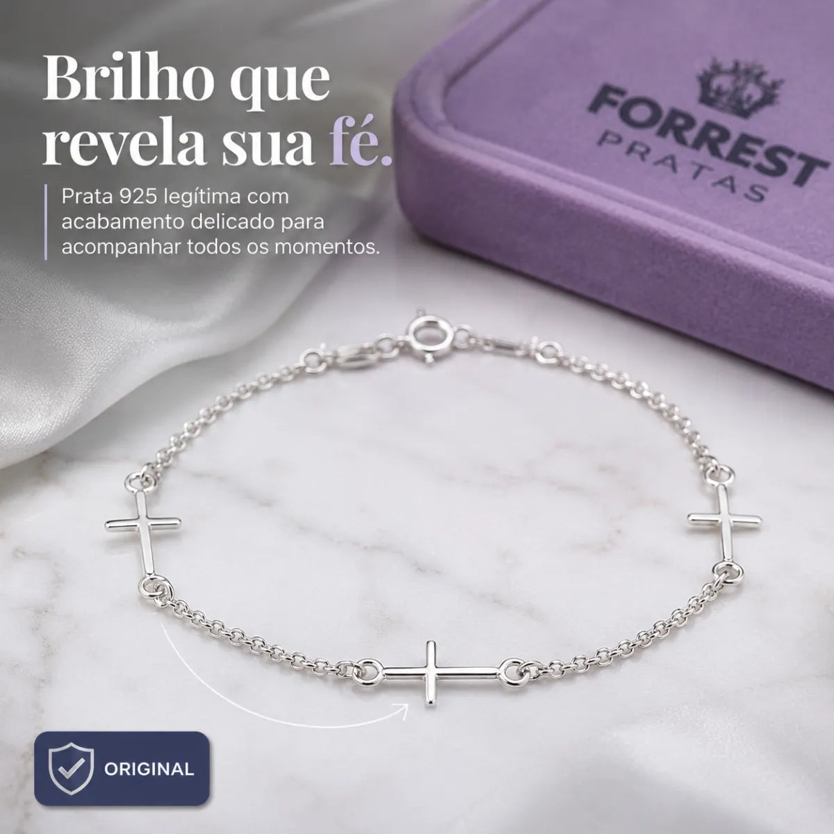 Pulseira Feminina Trio de Cruz Prata 925 Legítima
