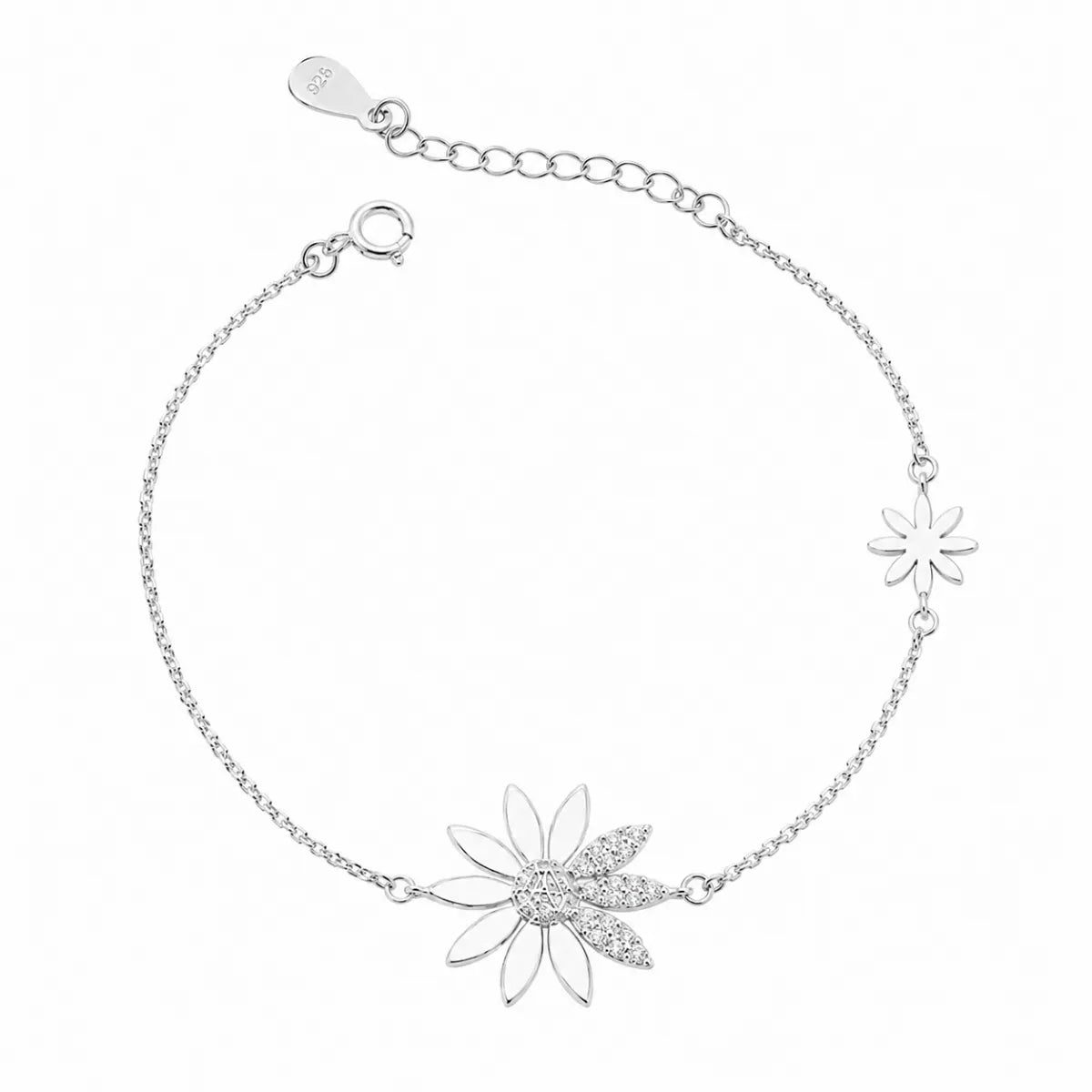 Pulseira Feminina 2 Margaridas Cravejada Zircônia Prata 925 Legítima
