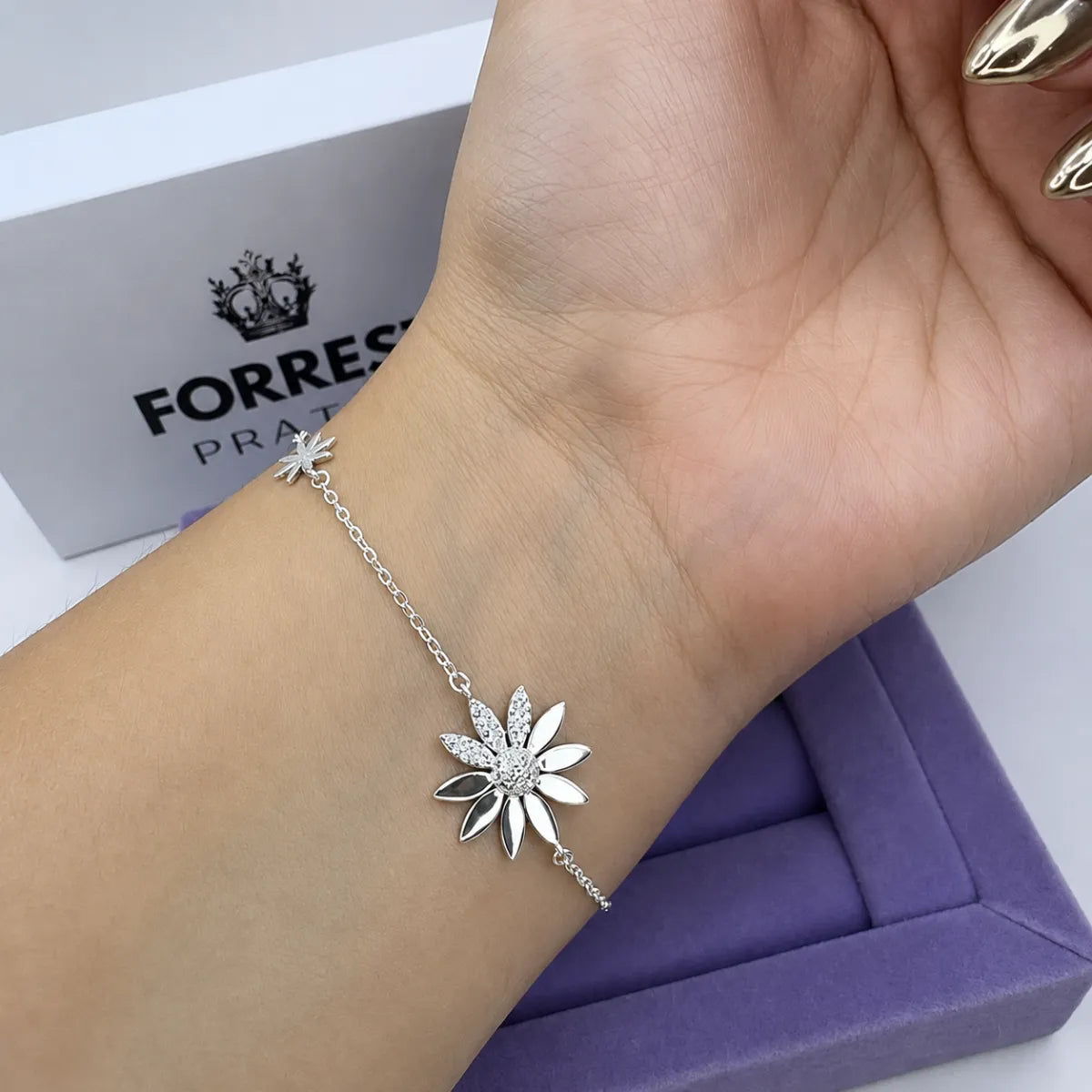 Pulseira Feminina 2 Margaridas Cravejada Zircônia Prata 925 Legítima