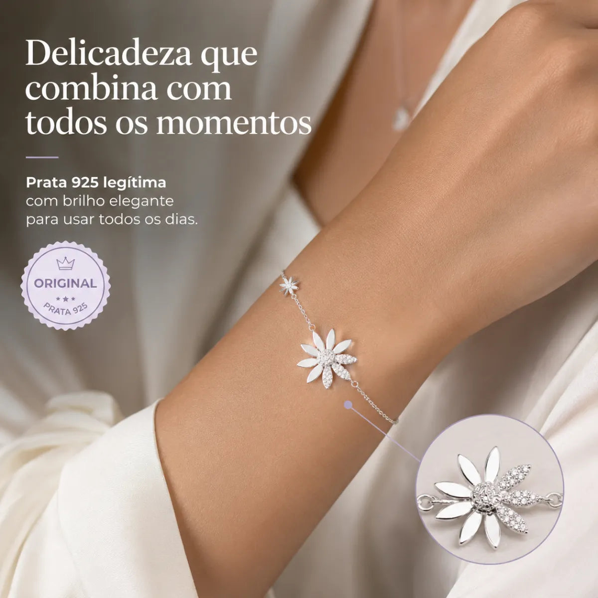 Pulseira Feminina 2 Margaridas Cravejada Zircônia Prata 925 Legítima