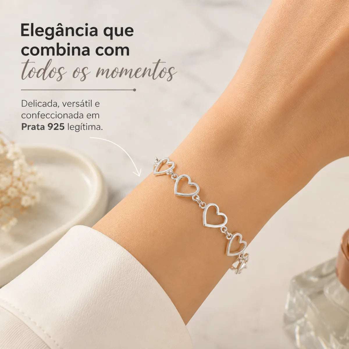 Pulseira Feminina Corações Vazado Prata 925 Legítima