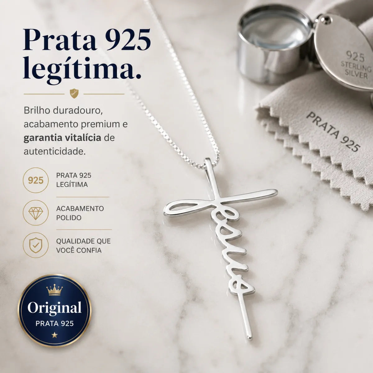 Colar Escrita Jesus Cruz Prata 925 Legítima
