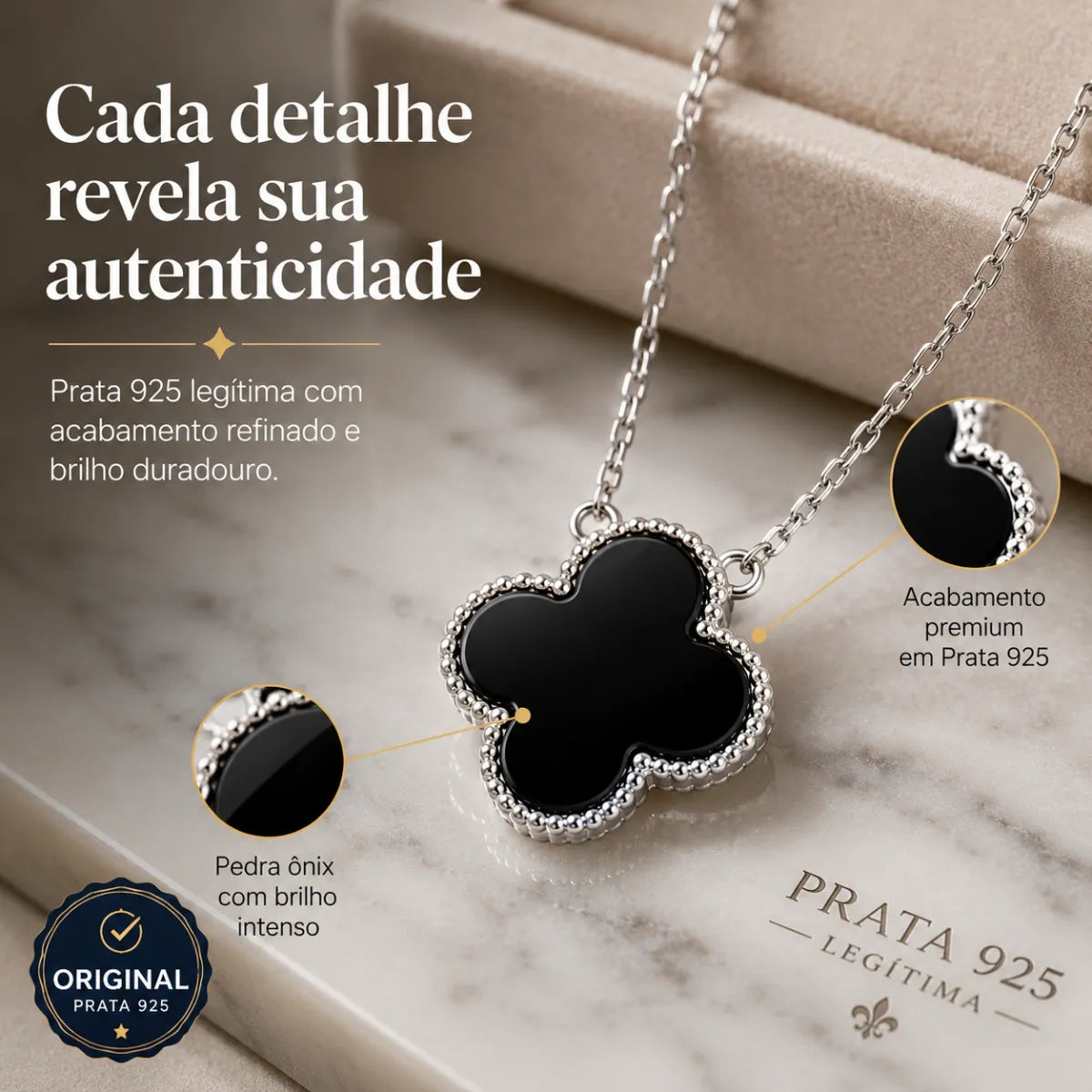 Colar Trevo Onix Prata 925 Legítima